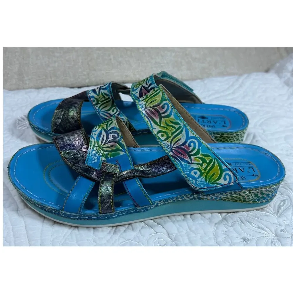 L'Artiste Women's Blue 9 Spring Step Caiman Leather Slide Comfort Sandals Shoes